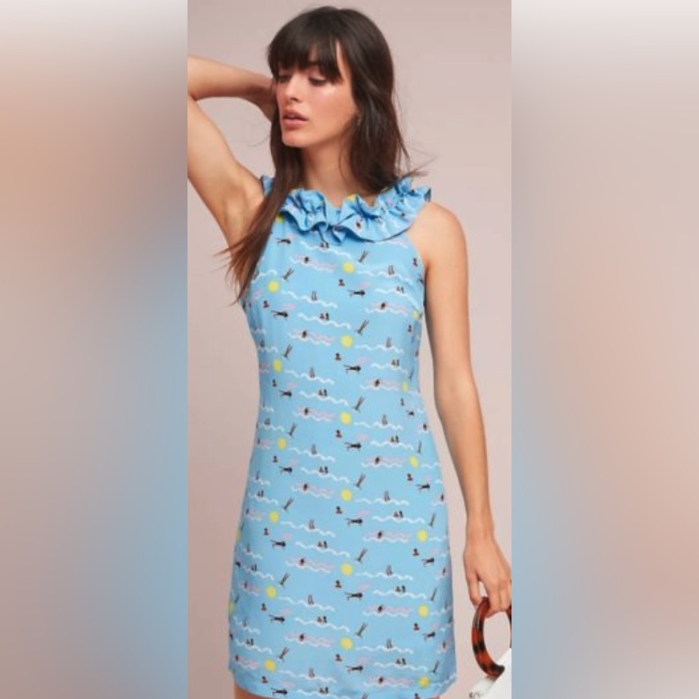 Larke for Anthropologie Harper ruffled dress in a blue swimmer print